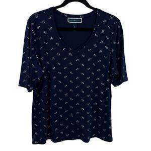 Karen Scott XL Top Navy Blue Glitter Anchor Nautical V-Neck Short Sleeve
